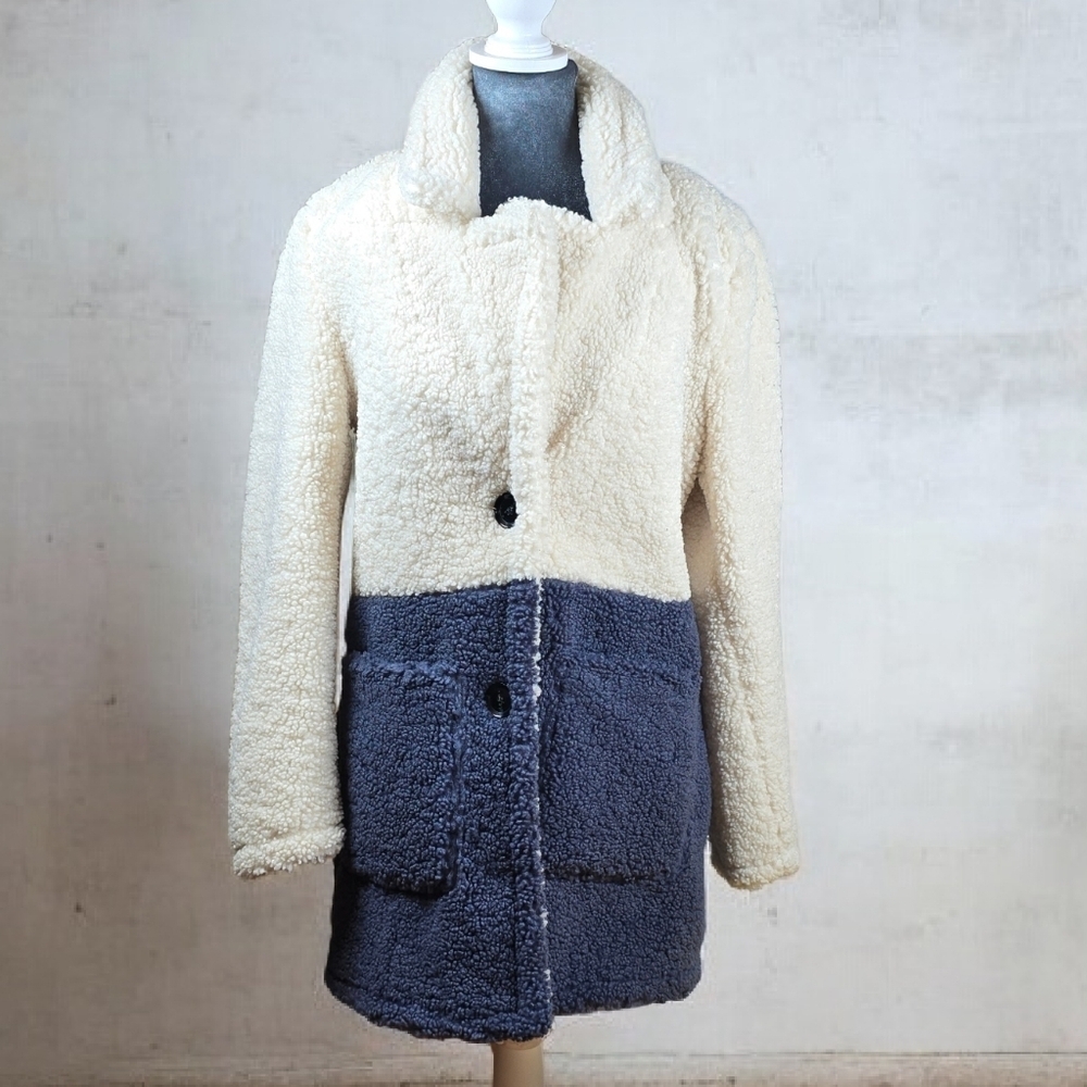 French Connection Teddy Coat Sherpa Colorblock Cozy Minimalist Sz. S